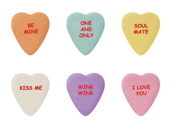 6 Heart Shaped Guitar Picks, 1 Orange with Red Text 