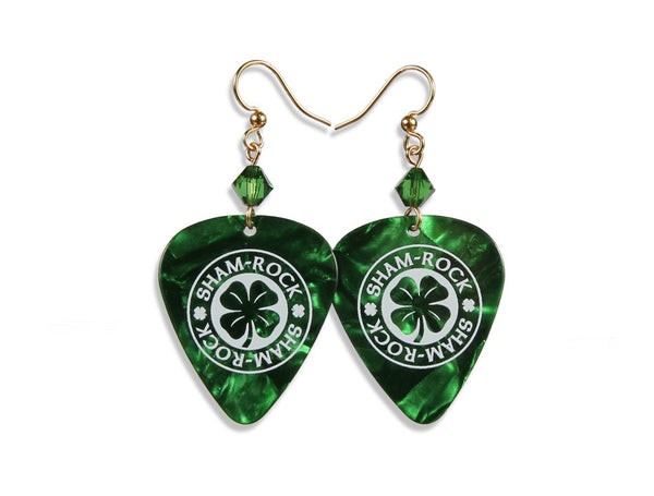 Green pearloid guitar pick earrings.